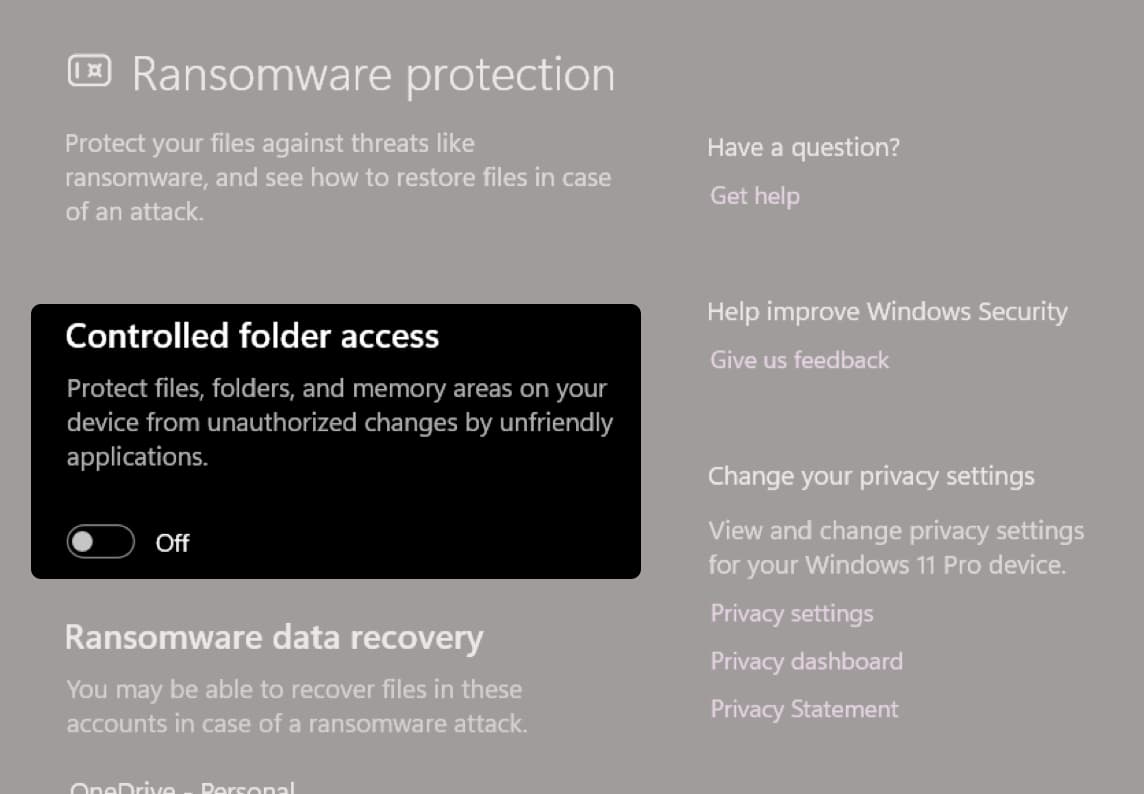 Toggle off Controlled Folder Access