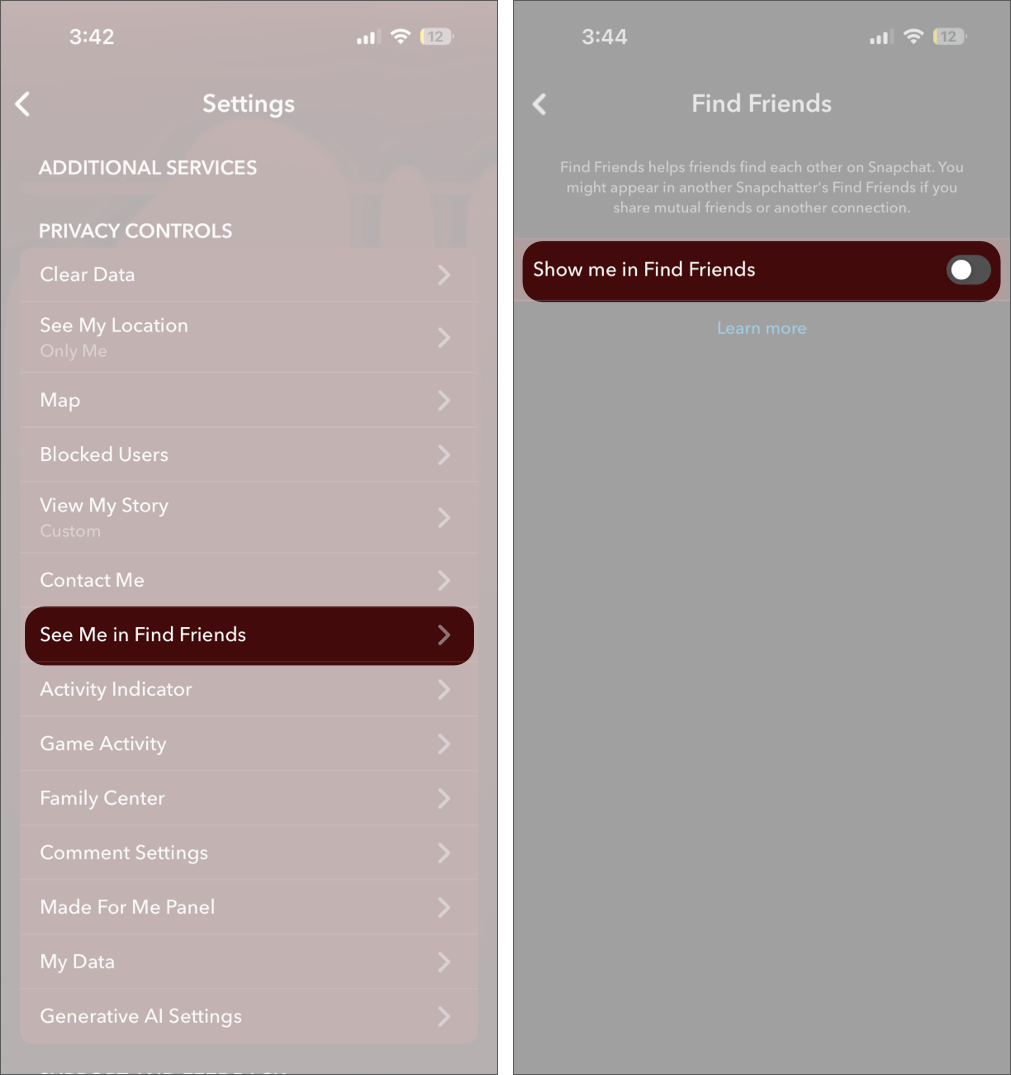 Turned off See Me in Find Friends Visibility