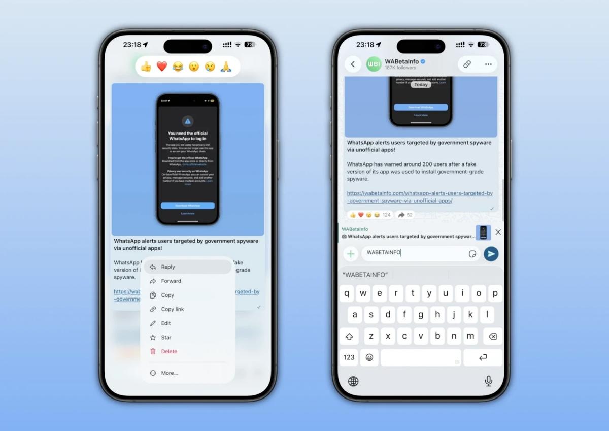 WhatsApp tests channel update replies on iOS