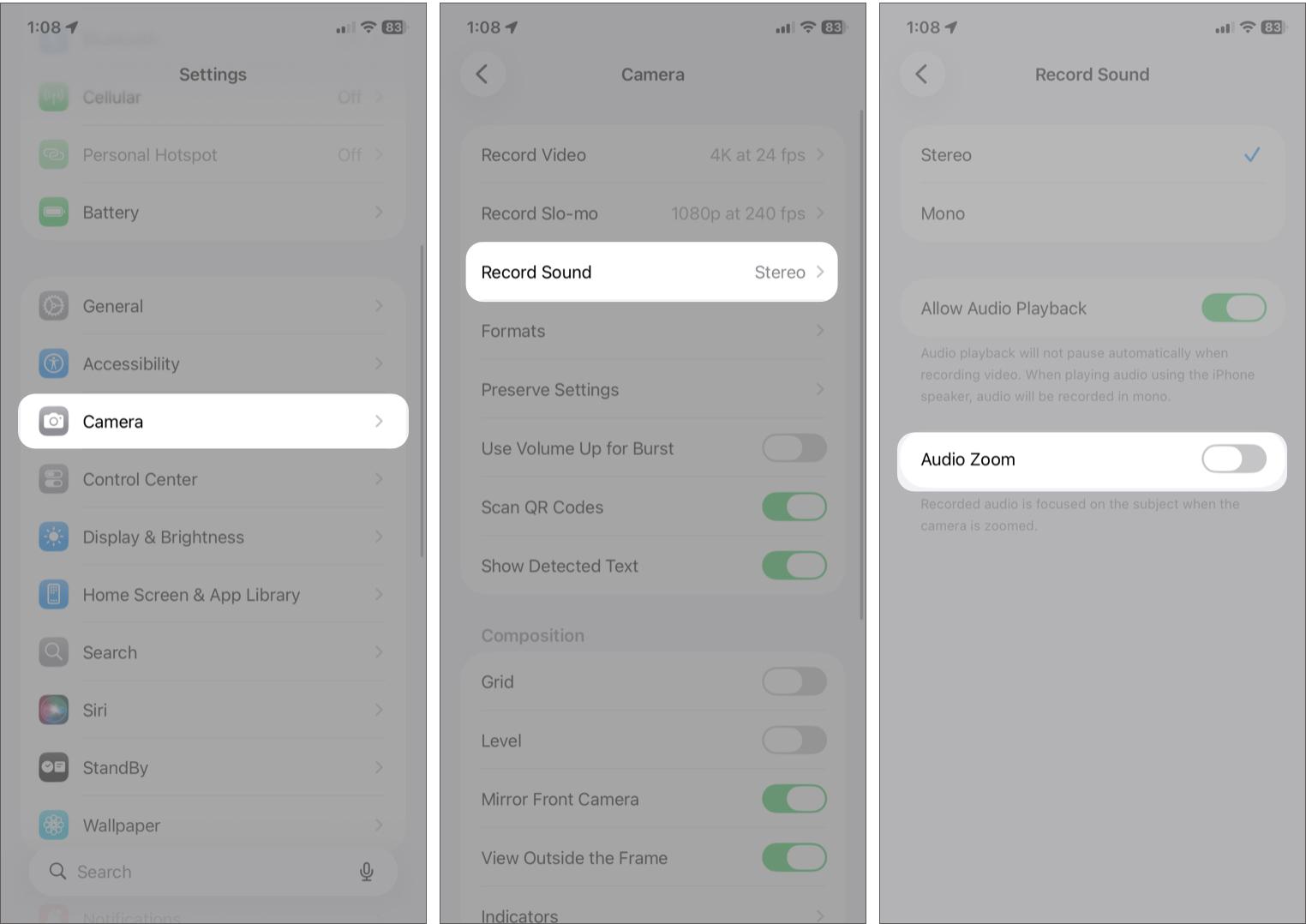 iPhone Camera Audio Settings