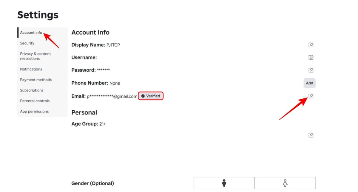 Account info settings roblox