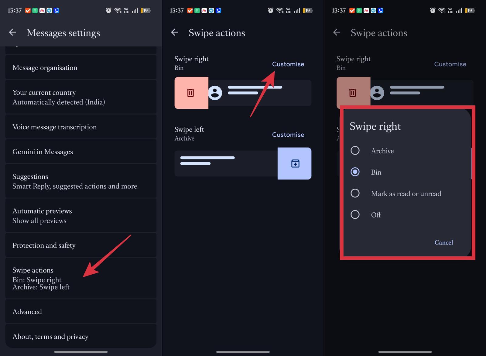 Customize swipe actions