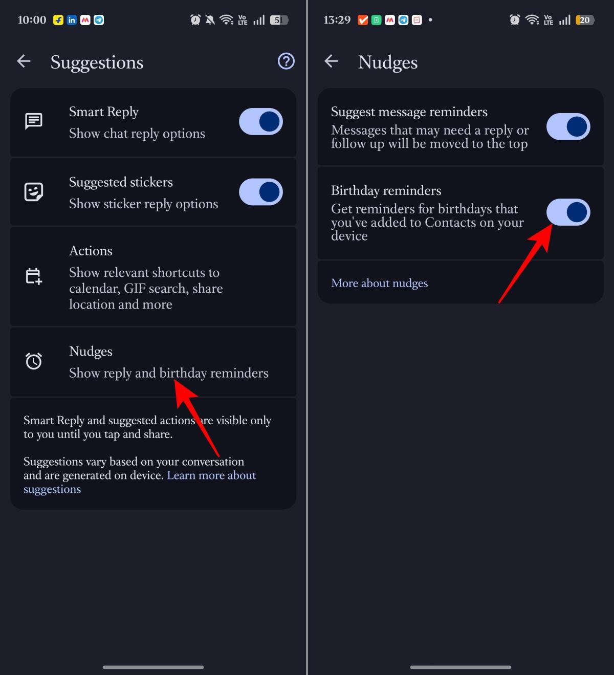 Enable message and birthday reminders in Nudges settings