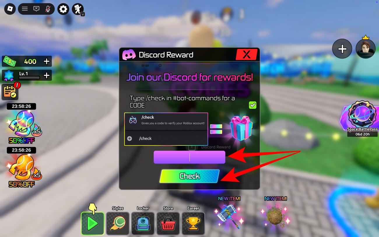 Enter code and click Check to claim reward
