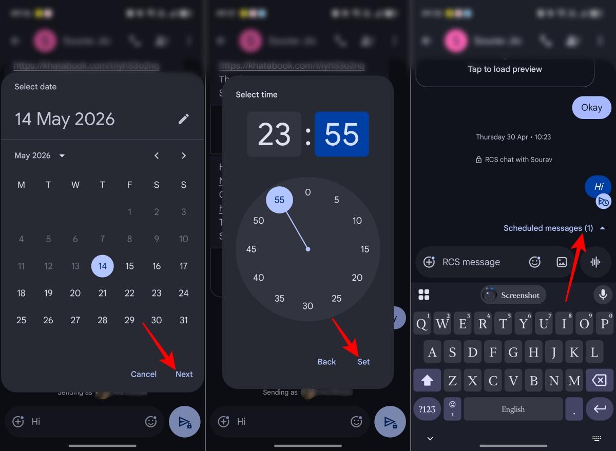 Select date and time then send scheduled message