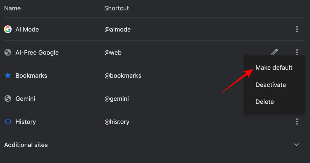 Three dot menu showing the Make default option