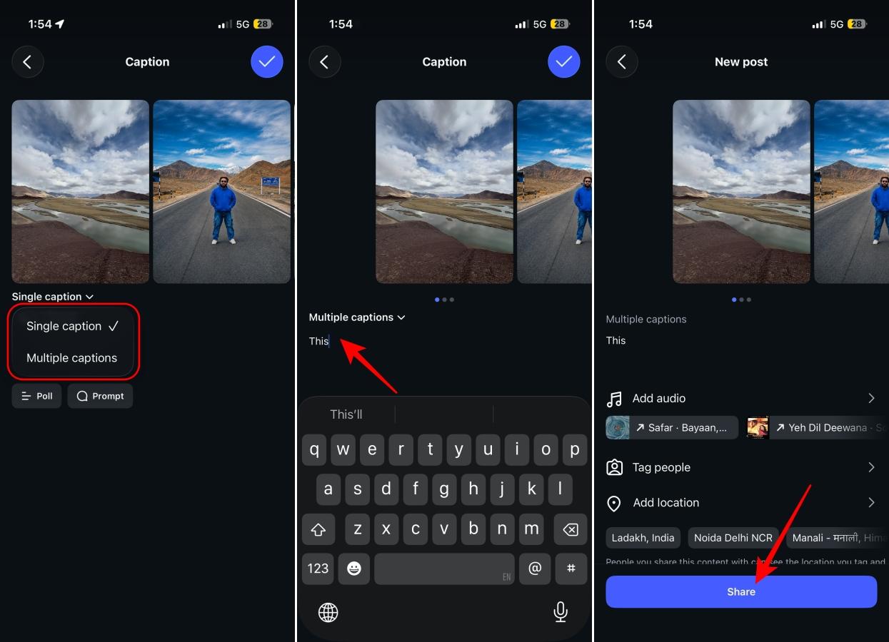Adding individual captions to slides in an Instagram carousel