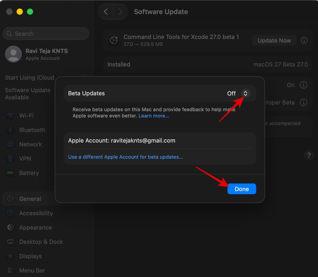 Beta Updates settings showing the option to turn updates off