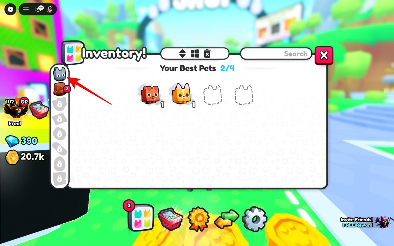 Click the Pets button at the bottom of the screen