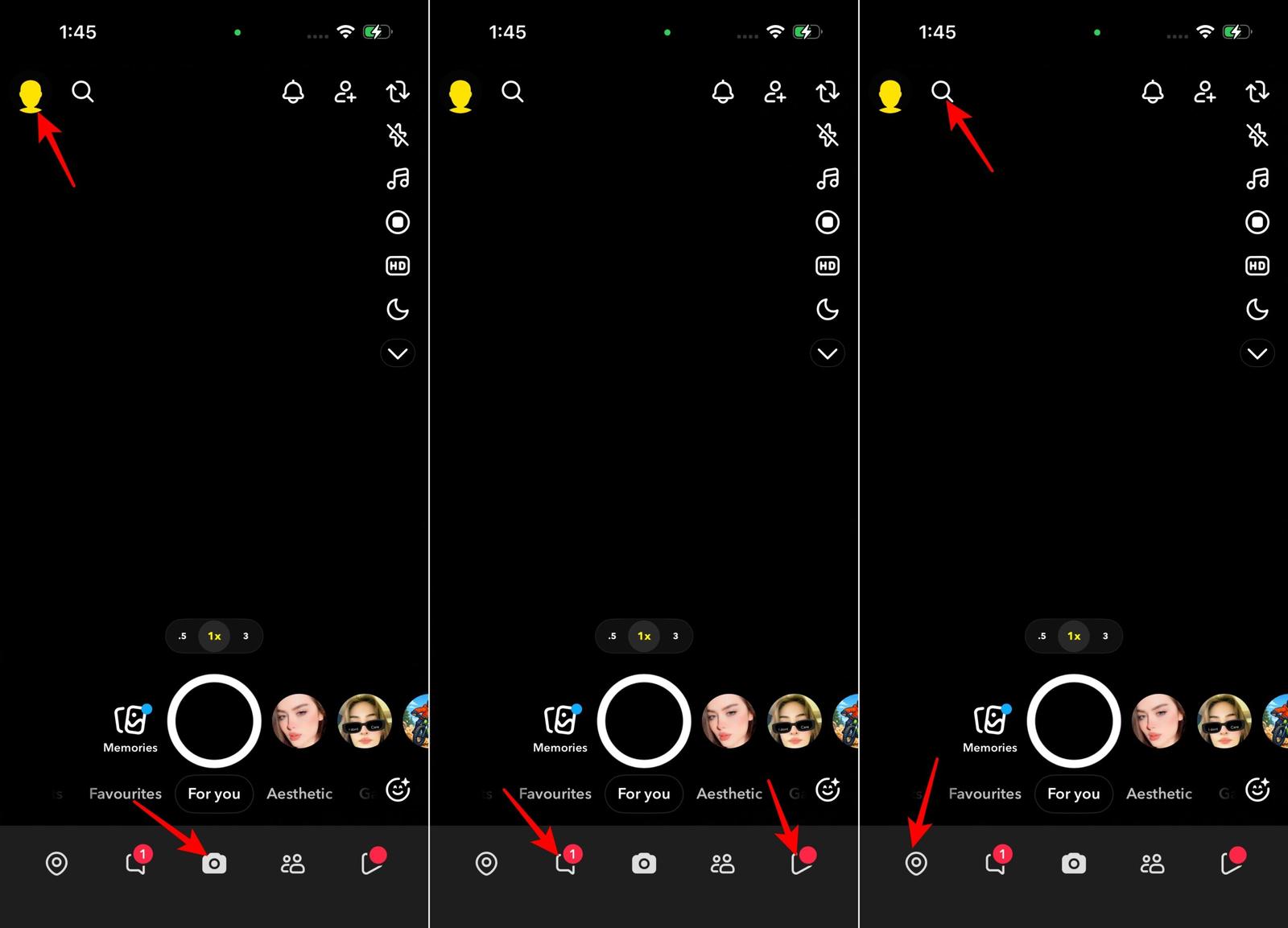 Common Snapchat navigation icons