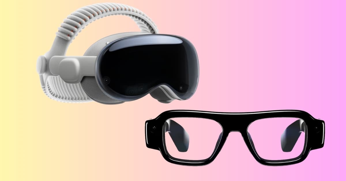 White VR headset with built-in headphones and black smart glasses against a pink-to-yellow gradient background