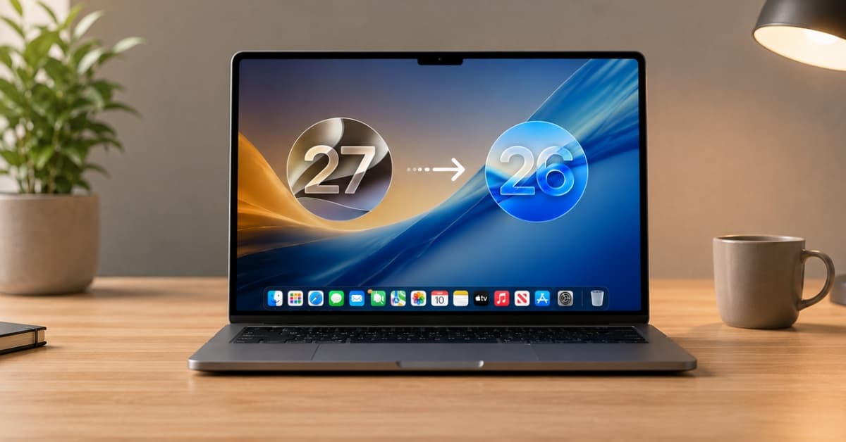 Laptop on a wooden desk with a plant and mug; screen shows a 27 → 26 graphic with app icons along the bottom.