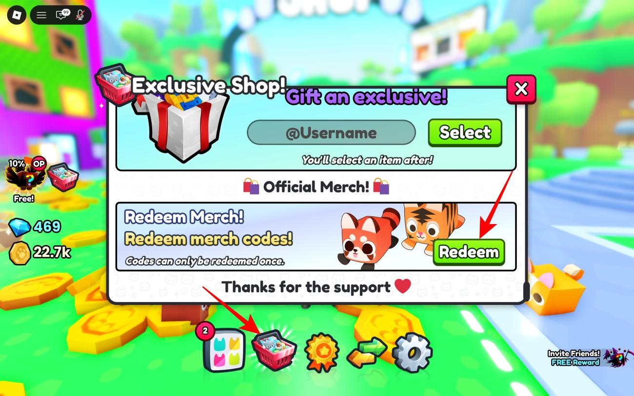 Exclusive Shop menu with the Redeem option selected