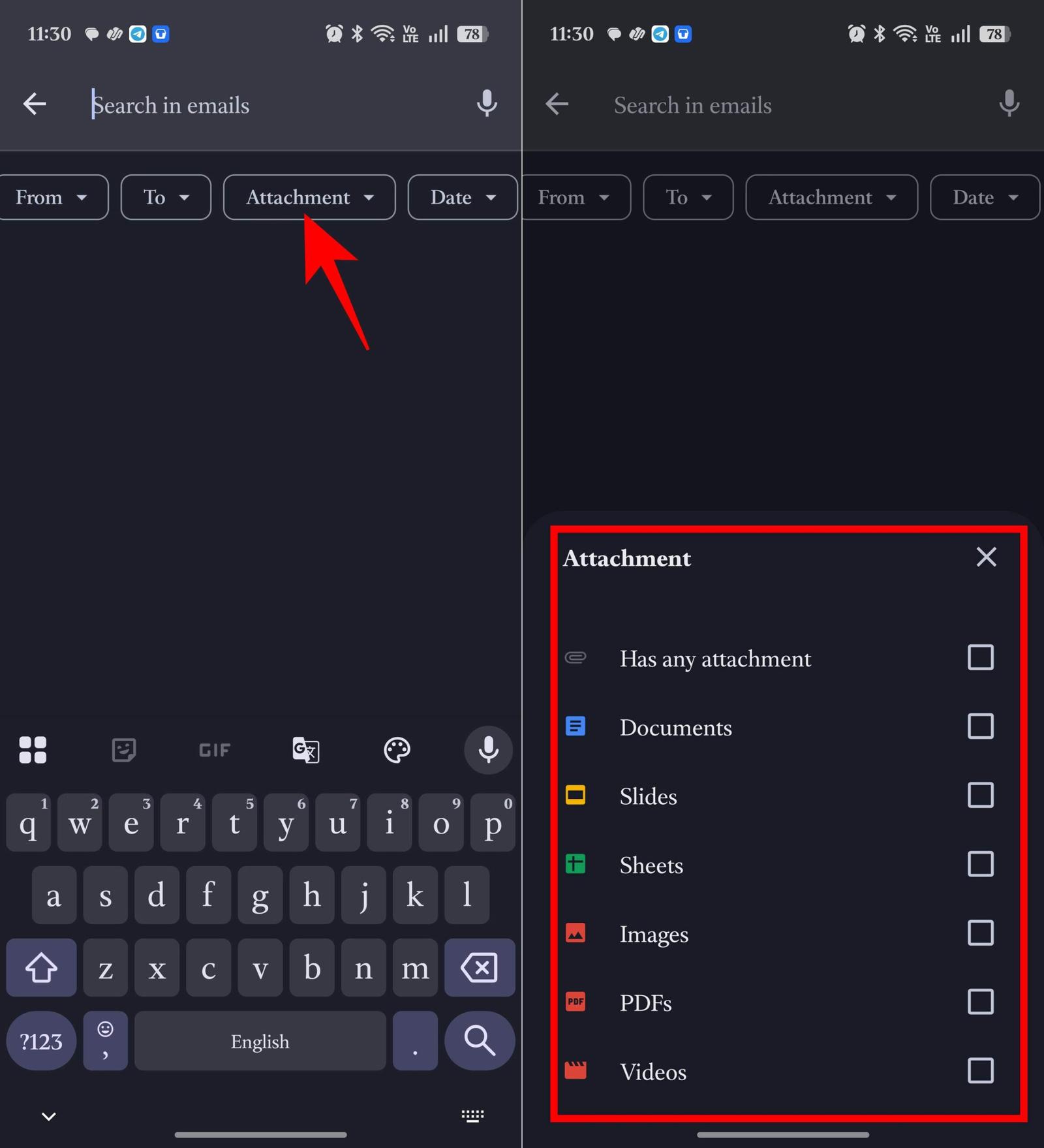 Filtering emails with attachments