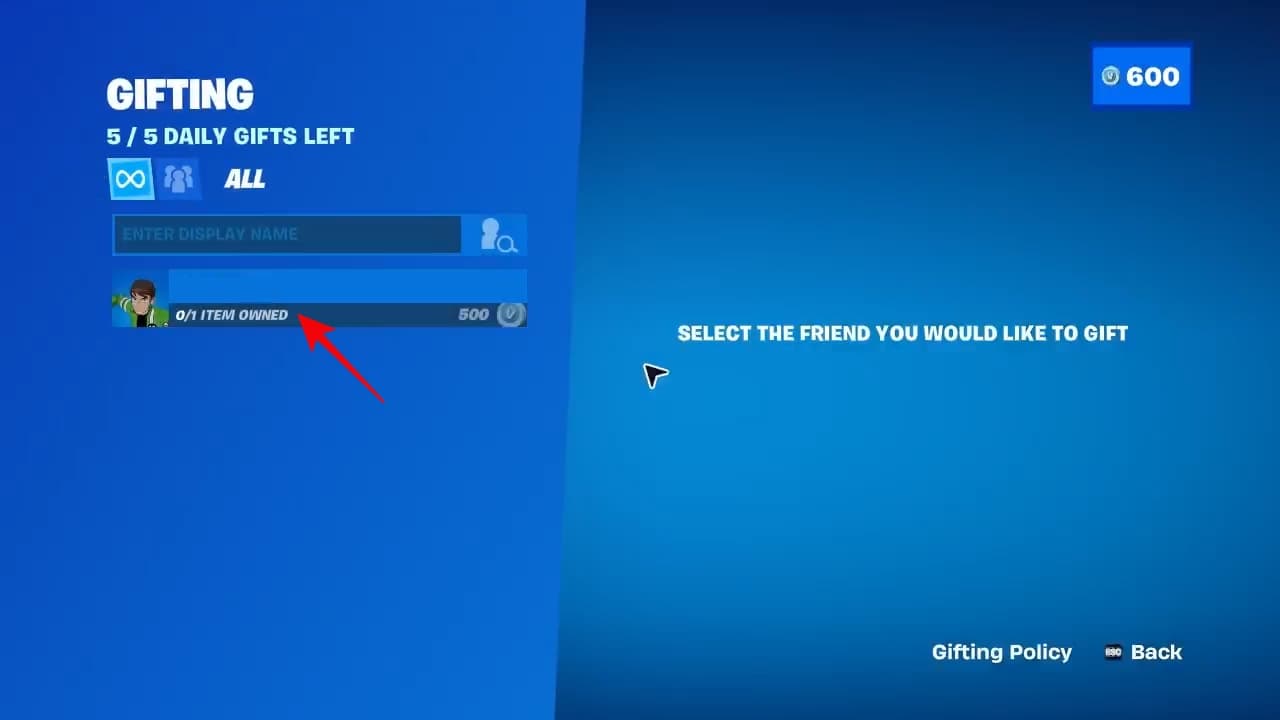 Friend selection screen for gift fortnite