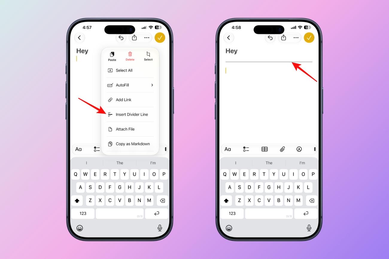 Insert Divider Line option in the Notes edit menu.