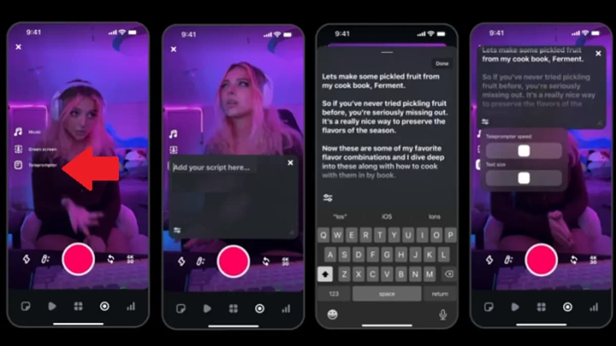 Four smartphone screens show a purple-lit livestream setup with a large red record button; a red arrow points to a side menu option on the first screen.