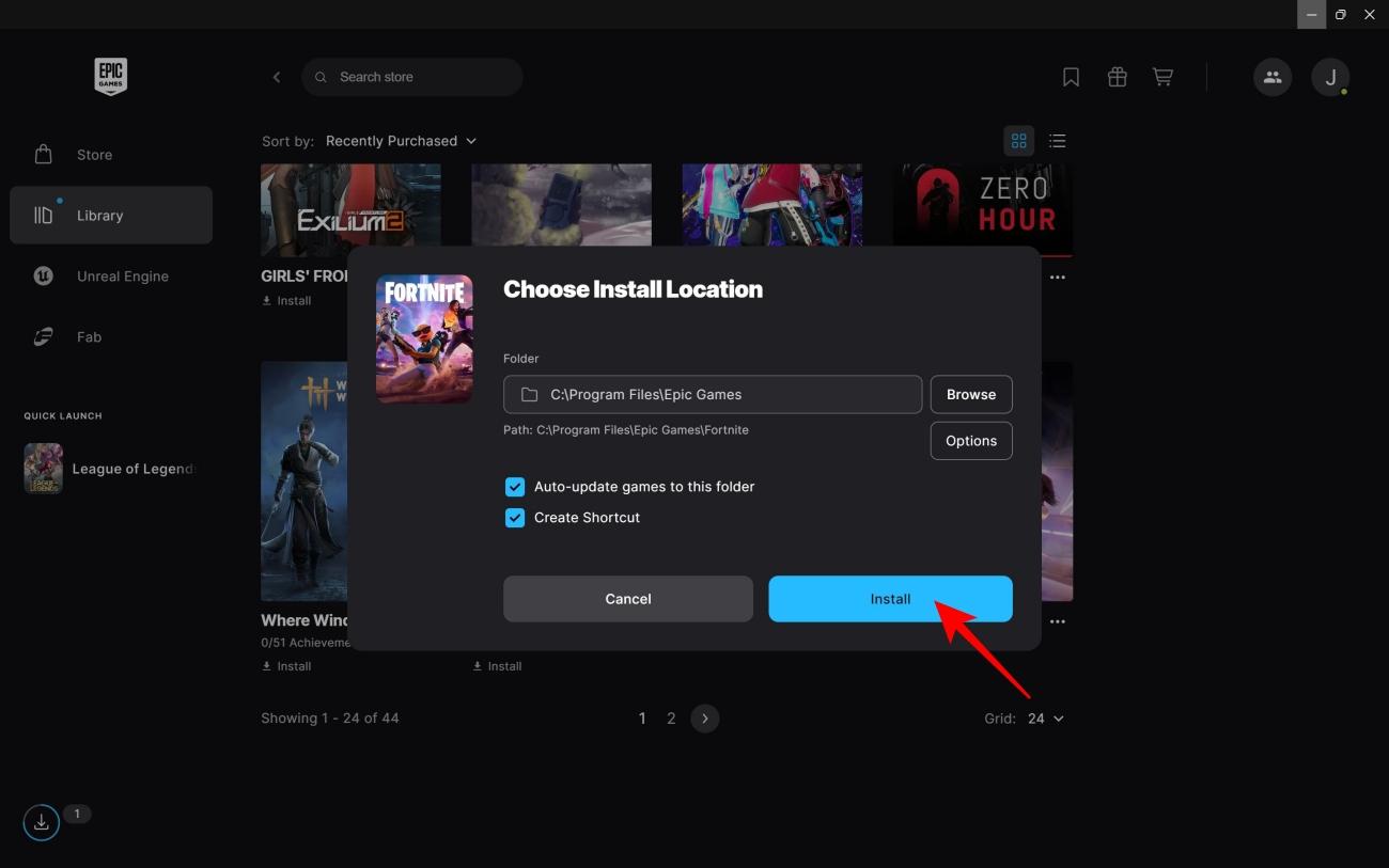 Install fortnite Epic games store