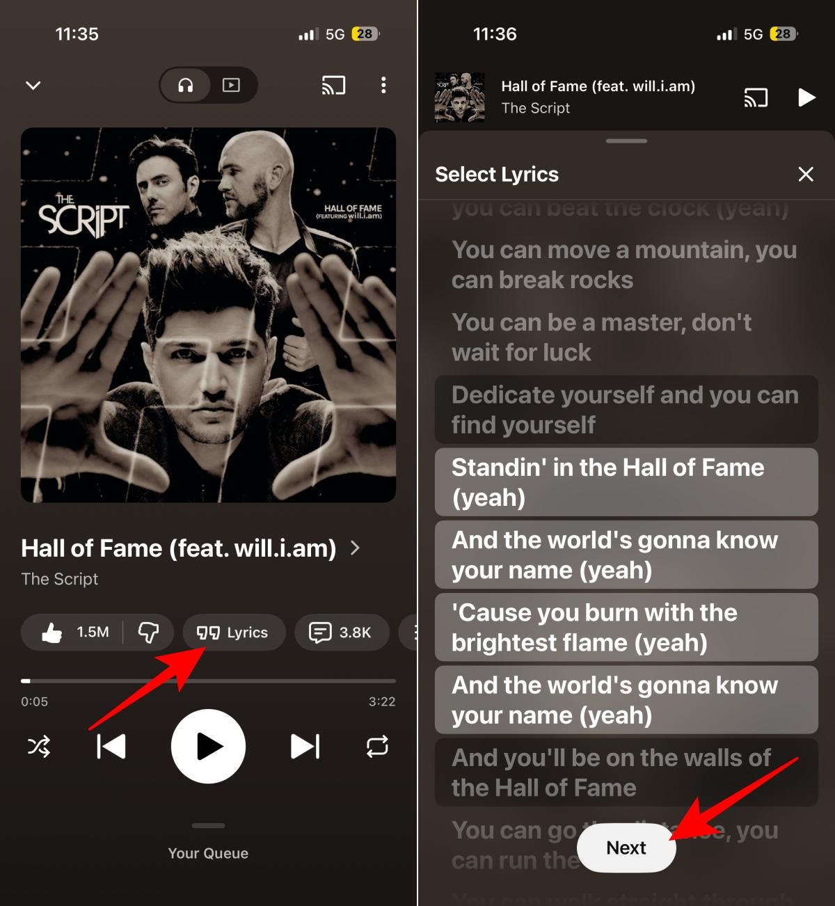 Opening song lyrics in YouTube Music