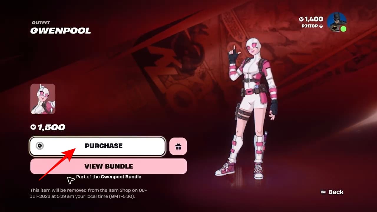 Purchase button gwenpool skin fortnite