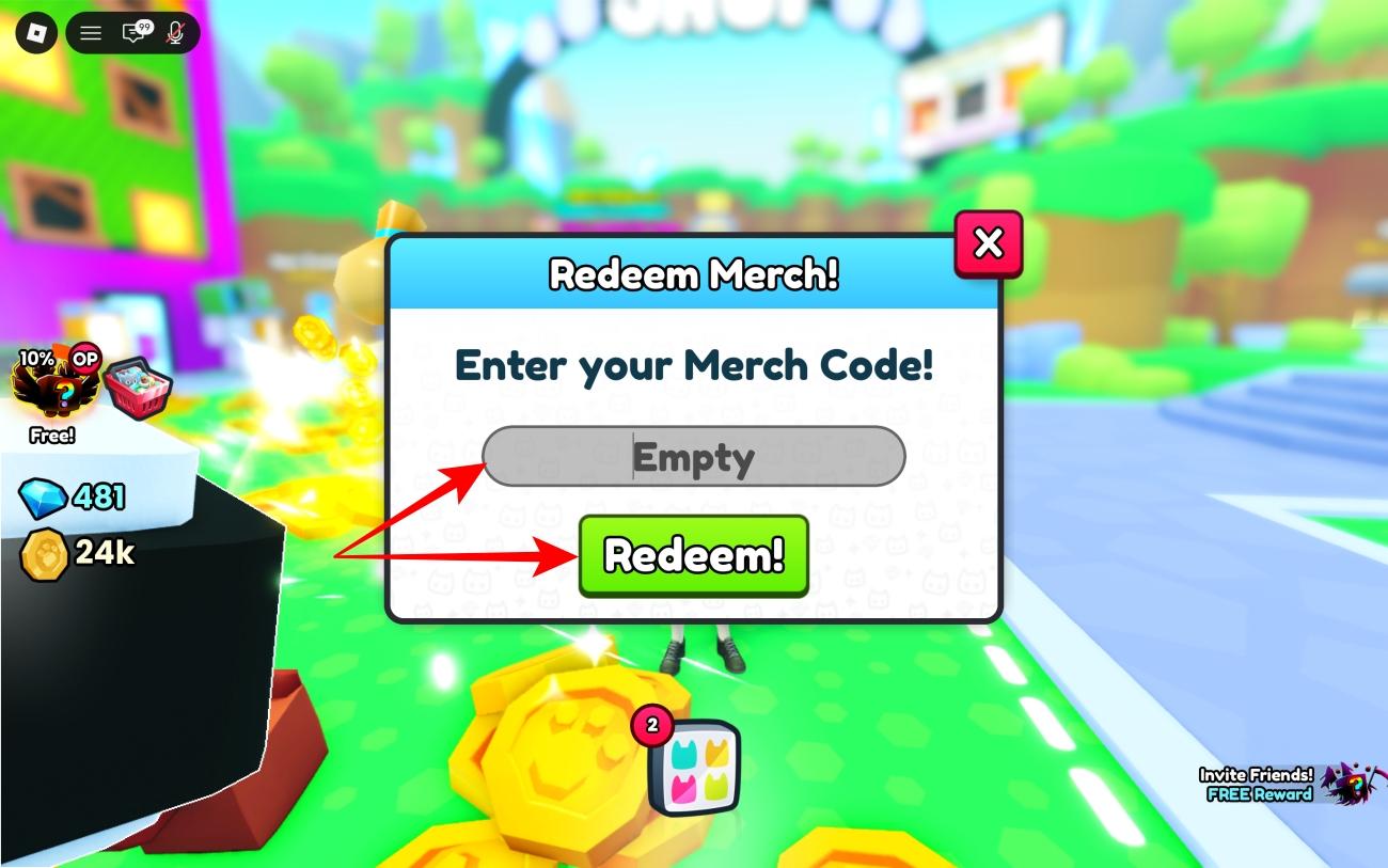 Redeeming a merch code in Pet Simulator 99