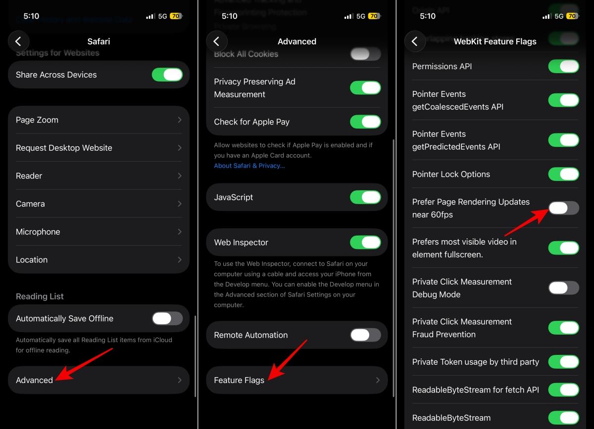 Safari Feature Flags settings screen
