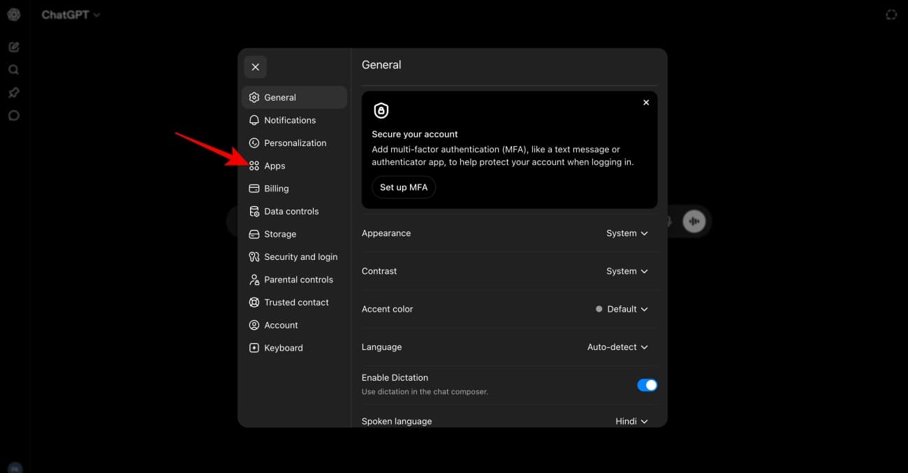 Select Apps on the left sidebar.