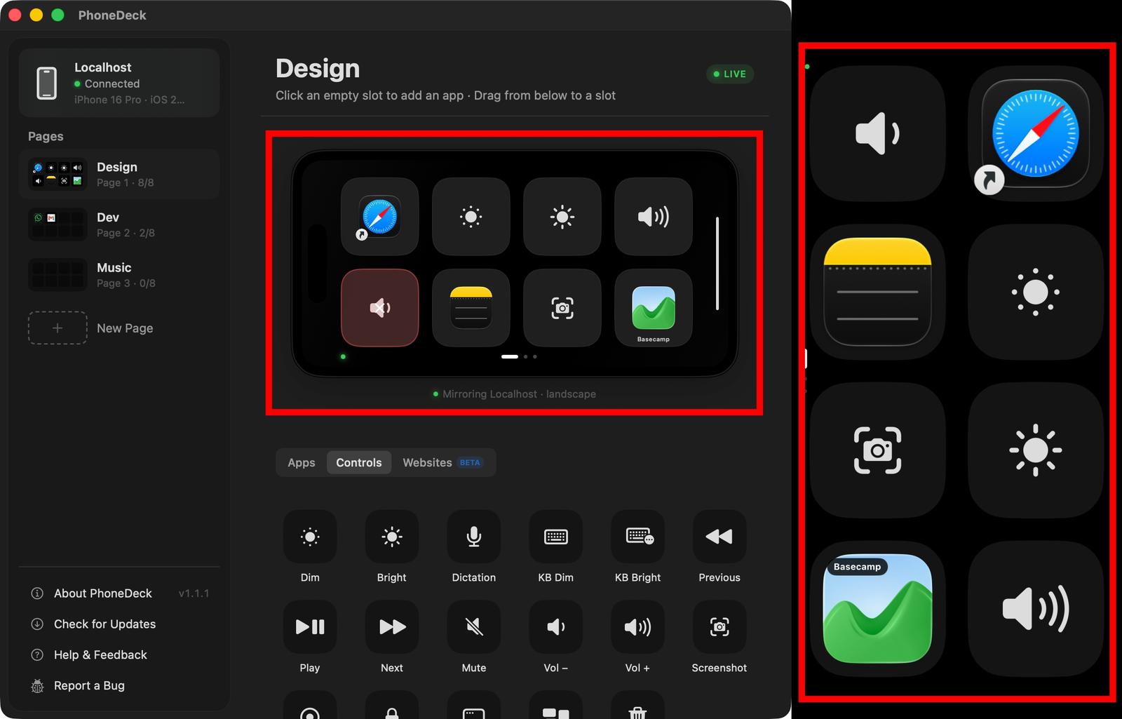 Select an app,control or website from the library
