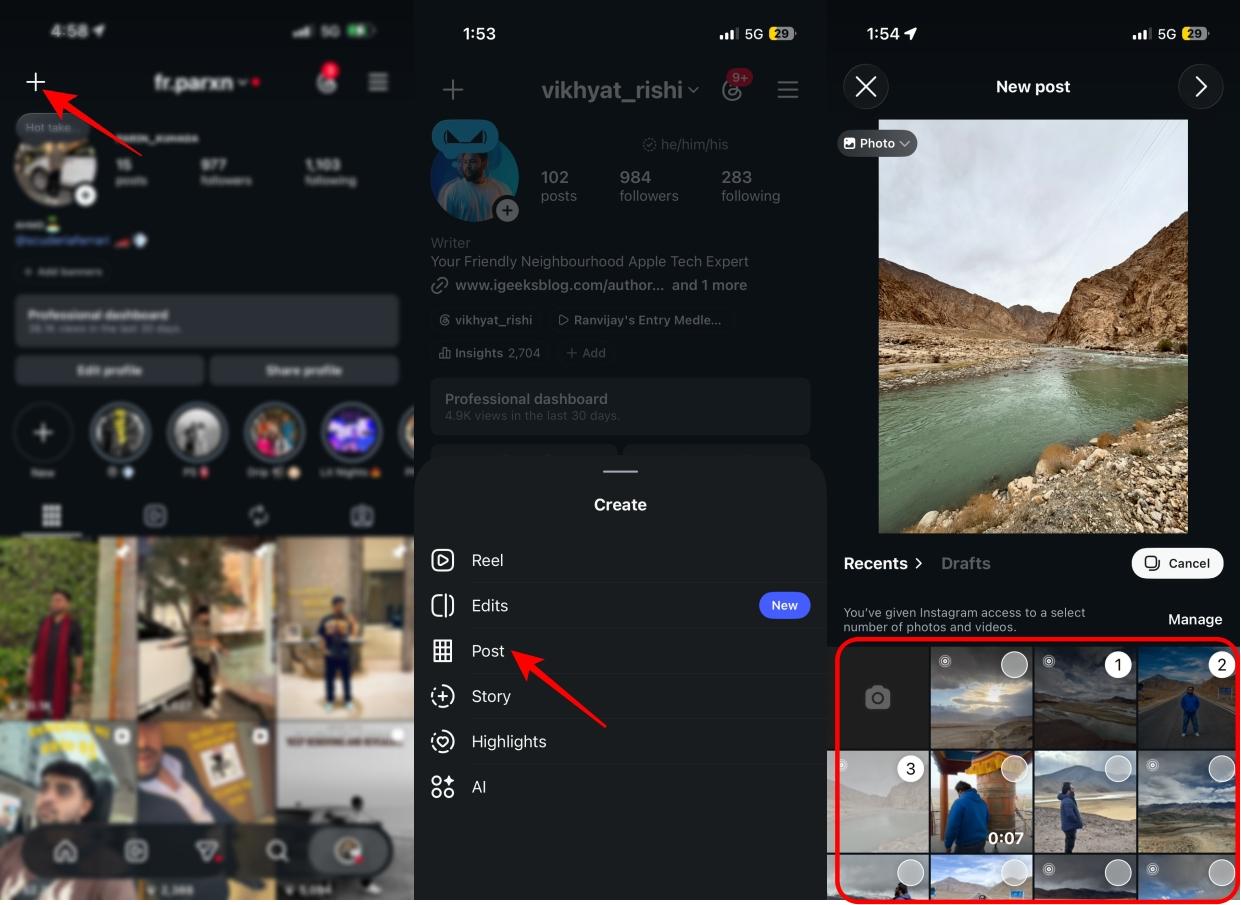 Selecting photos and videos for an Instagram carousel post