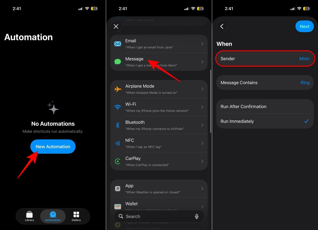Setting up a Messages automation in the Shortcuts app