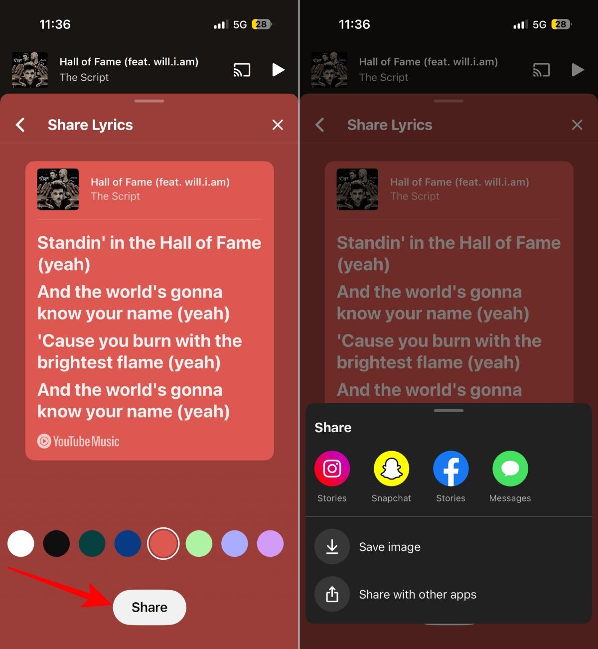 Sharing a YouTube Music lyric card