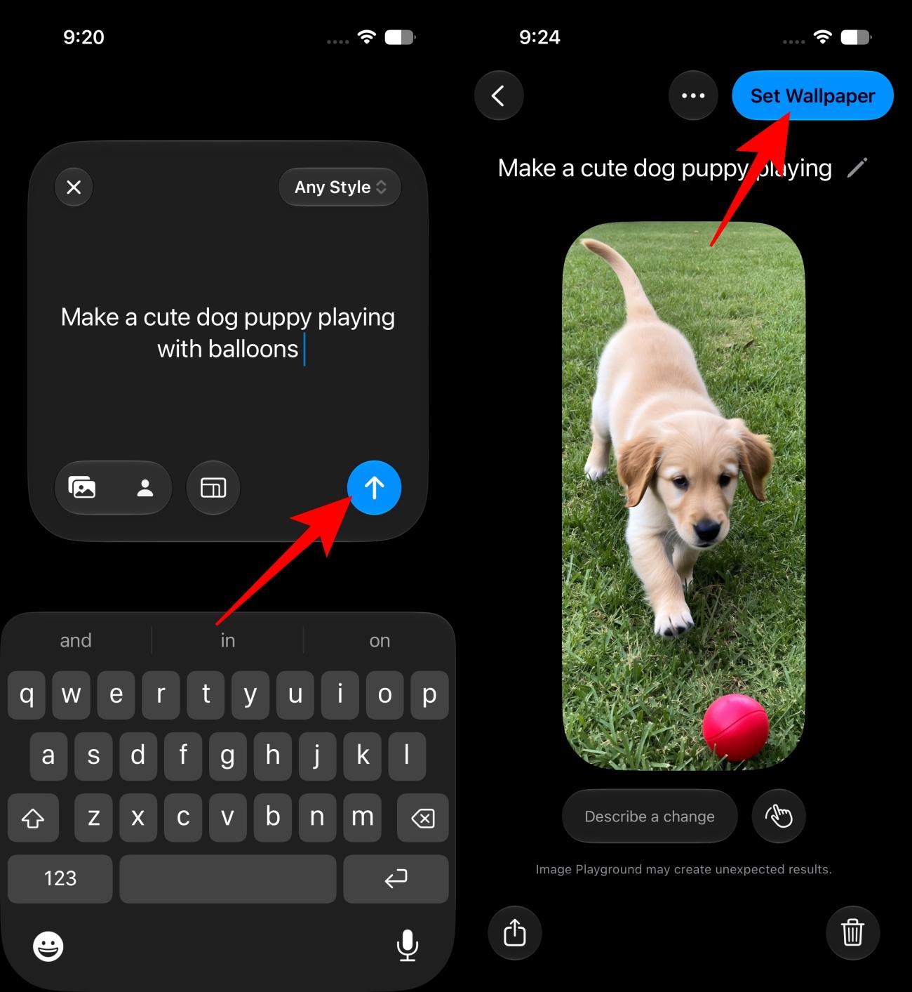 Tap the send button image generation and tap Set Wallpaper