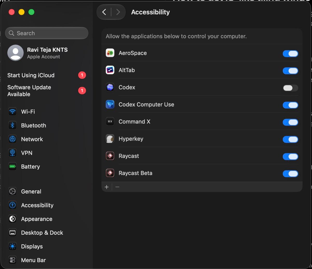 macOS Accessibility settings with AeroSpace enabled