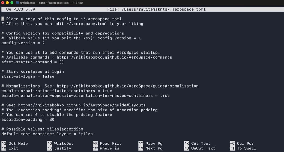 AeroSpace config file open in nano showing startup and layout settings