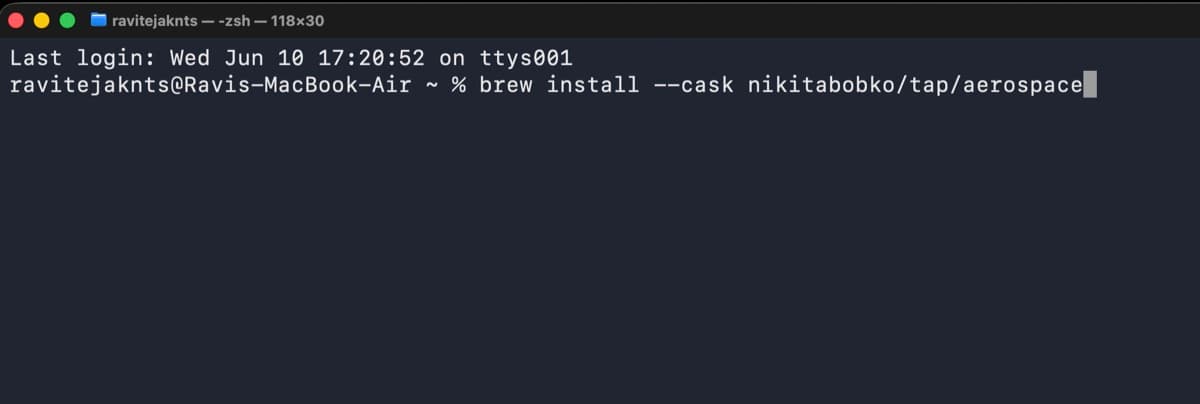 Terminal showing the Homebrew command to install AeroSpace on Mac