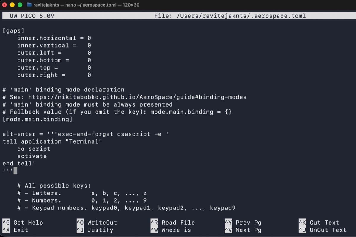 AeroSpace config file showing an Option-Return terminal shortcut binding under mode.main.binding
