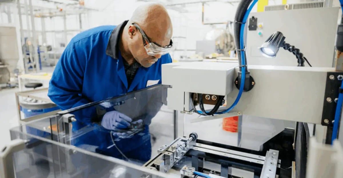 Worker inspecting manufacturing equipment in an Apple supply chain facility