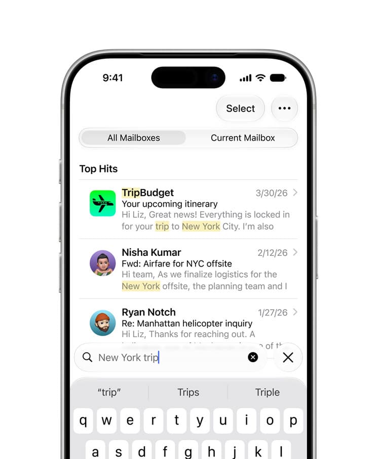 iPhone showing Mail search results for a New York trip