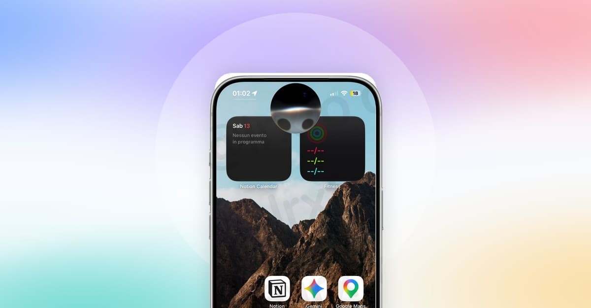 Close-up of a smartphone screen showing home widgets over a rocky mountain wallpaper with a soft pastel gradient background.