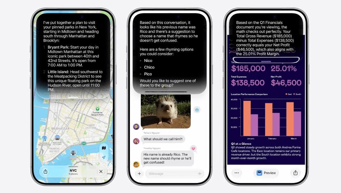 Three iPhones showing Siri AI handling maps, messages, and document analysis
