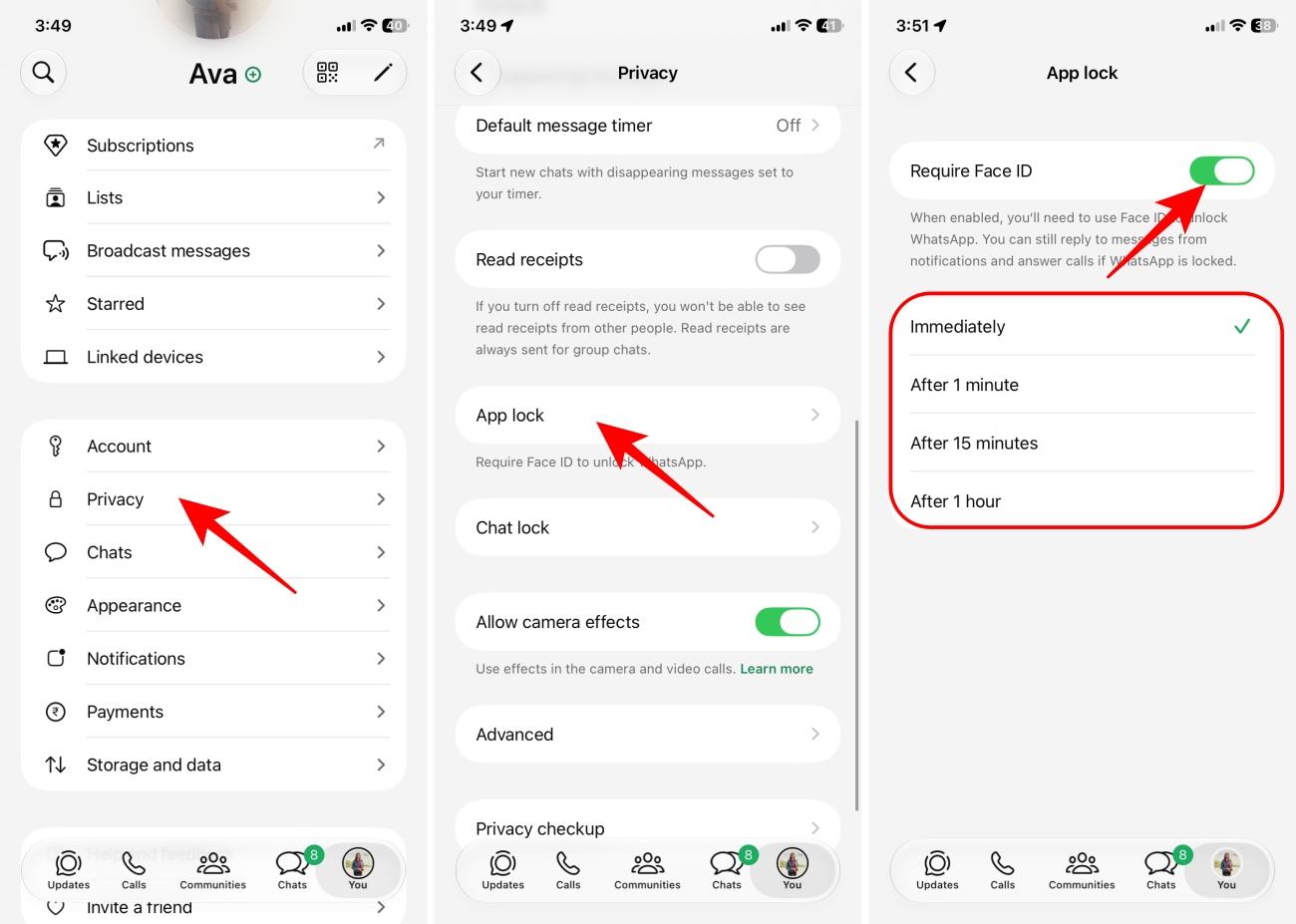 Enable WhatsApp app lock on iPhone