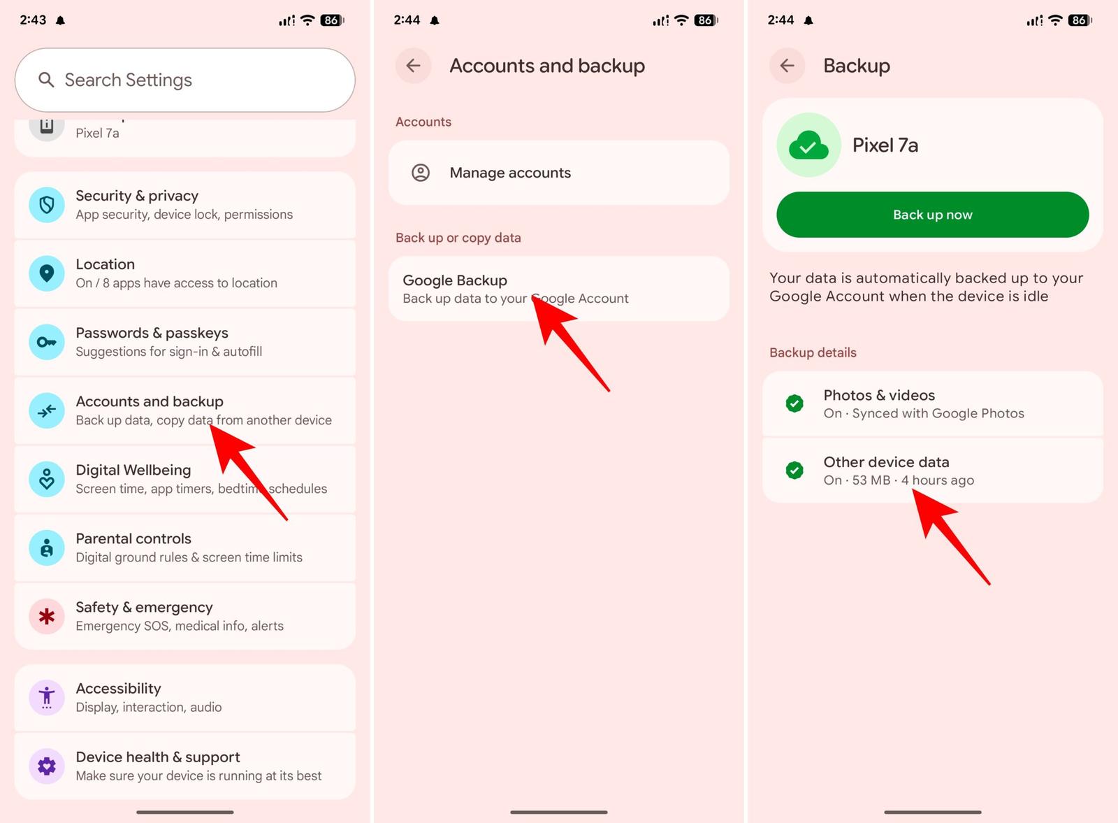 Navigating to google cloud backup settings