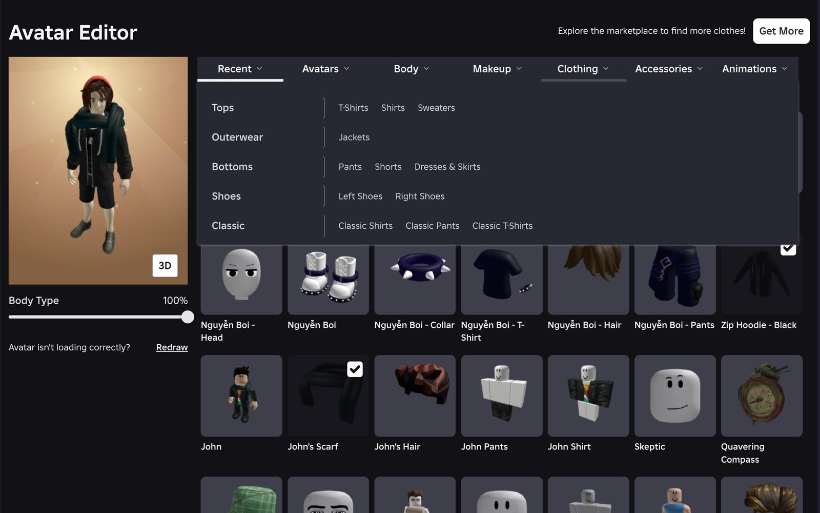  Open a category such as Clothing, Accessories in Avatar