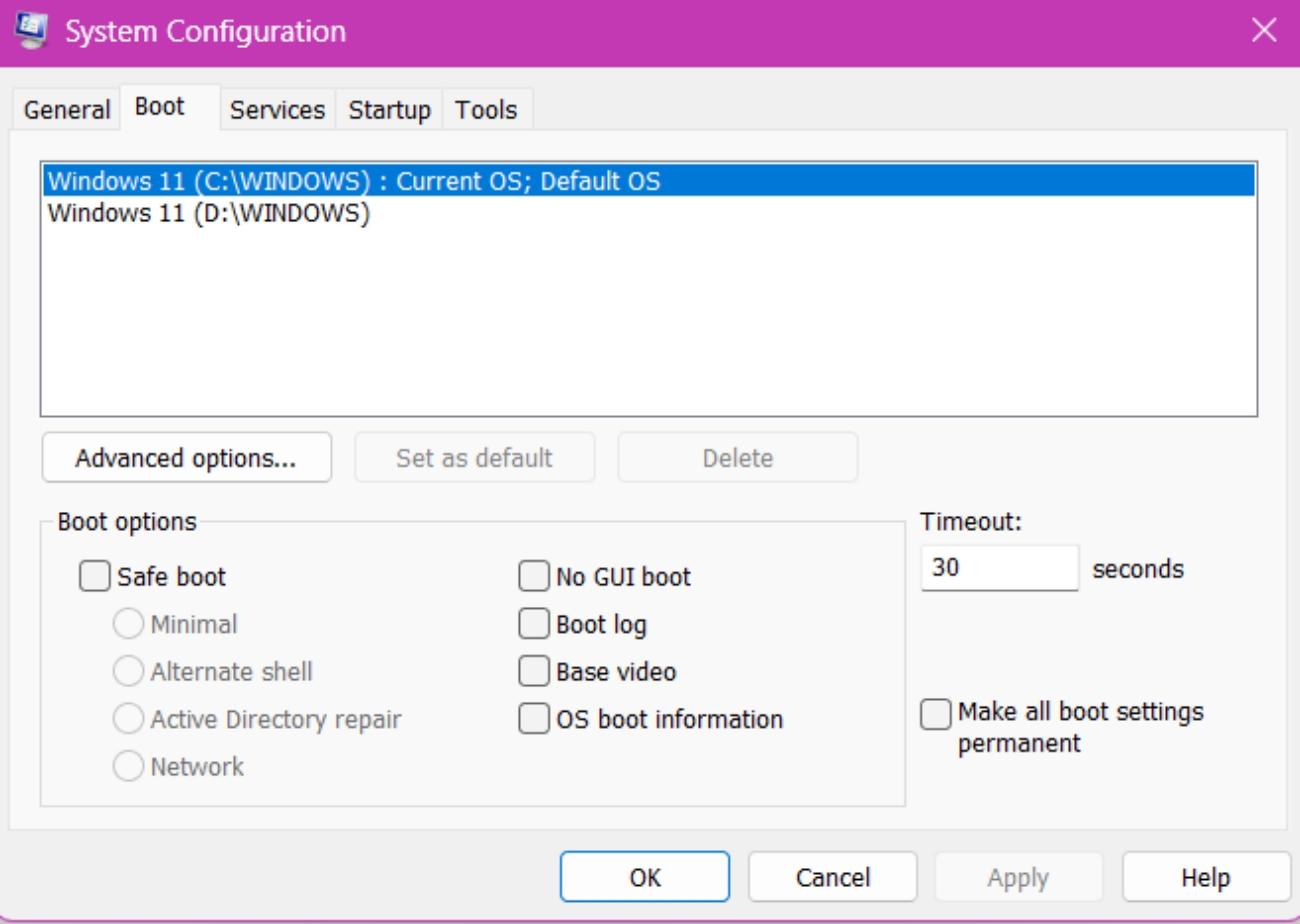 Opening System Configuration and the Boot tab in Windows
