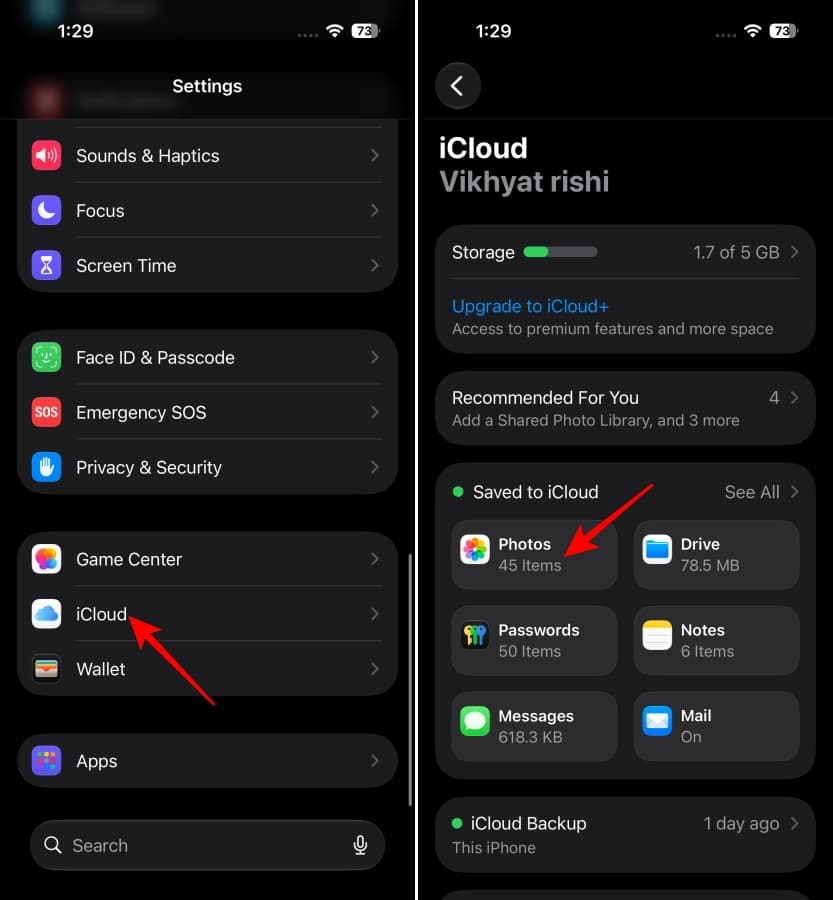 Opening iCloud Photos settings on iPhone