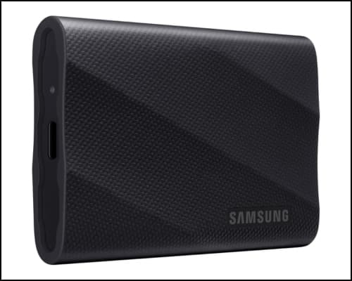 Samsung portable external hard drive with textured black casing and diagonal pattern.