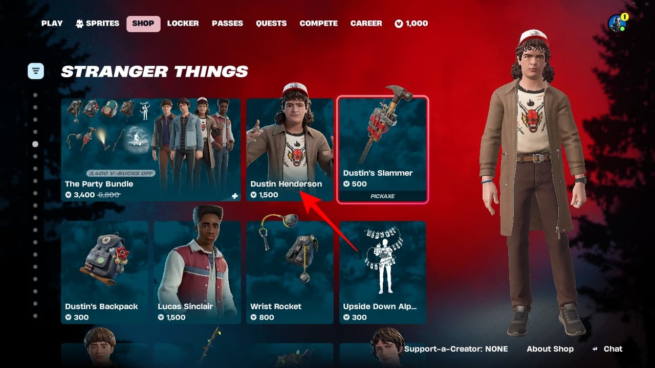 Selecting a Stranger Things skin in Fortnite.