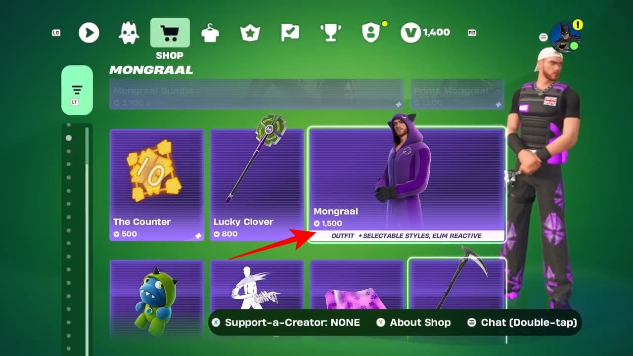 Selecting the Mongraal skin in the Fortnite Item Shop