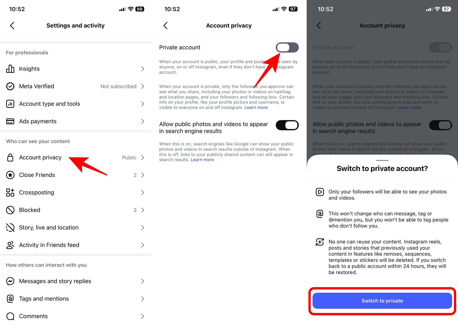 Switch your account to private in Instagram