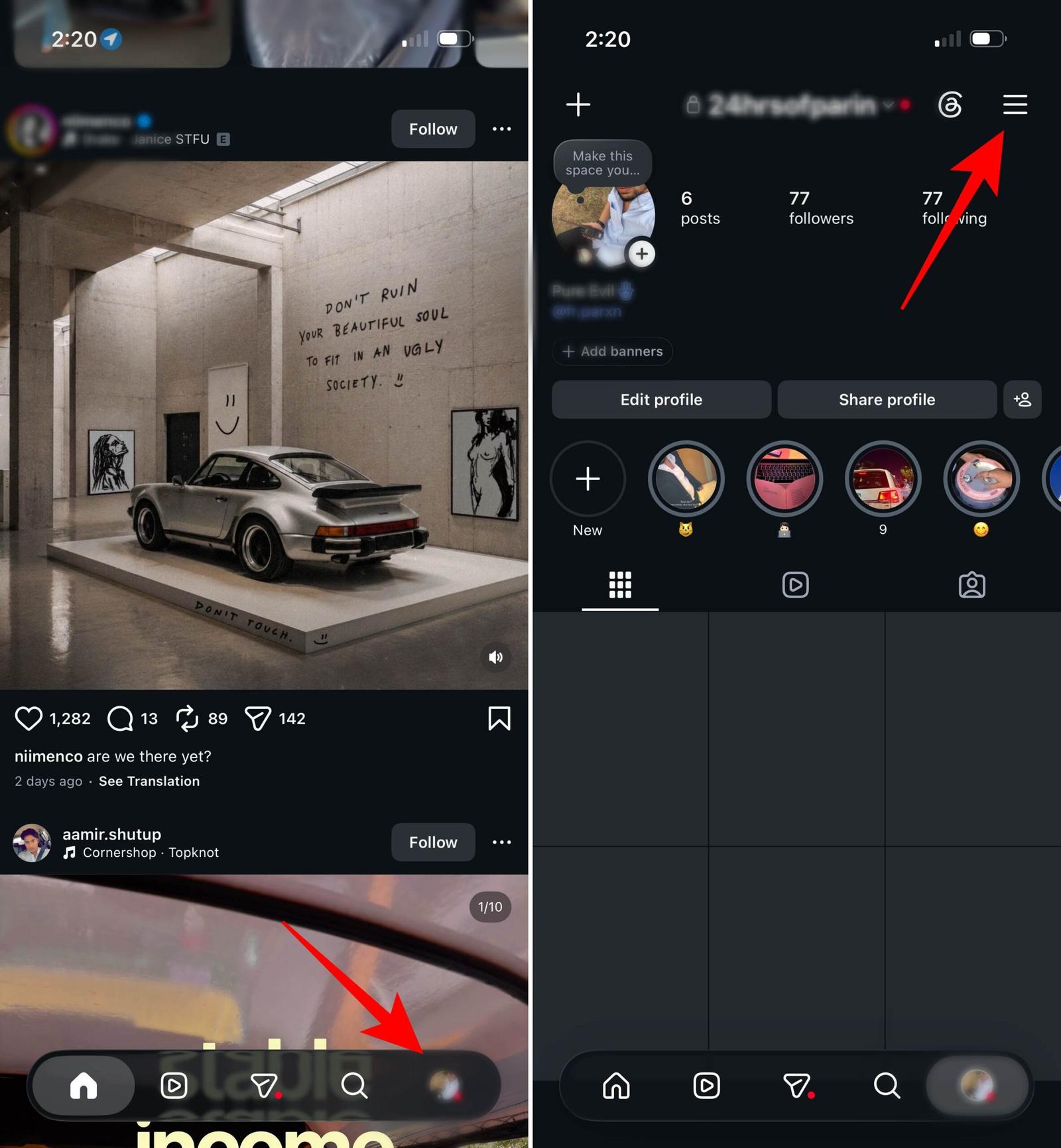 Tap your profile picture and tap on three-line menu